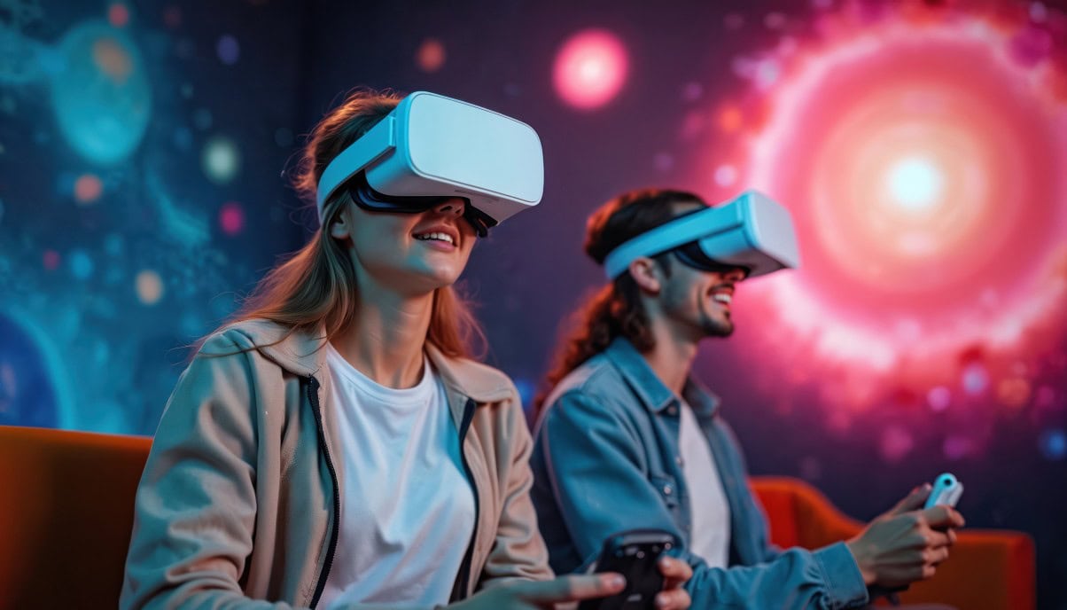 Menschen mit VR Brillen spielen zusammen ein Spiel