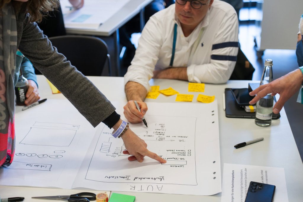 Kreative Zusammenarbeit beim Media Lab Innovation Festival Mehrere Personen arbeiten gemeinsam an einem Tisch, diskutieren und notieren Ideen auf großen Papierbögen. Gelbe Haftnotizen und Stifte sind verteilt, während eine Person auf das Papier zeigt. Eine Flasche Wasser und ein Smartphone liegen ebenfalls auf dem Tisch.